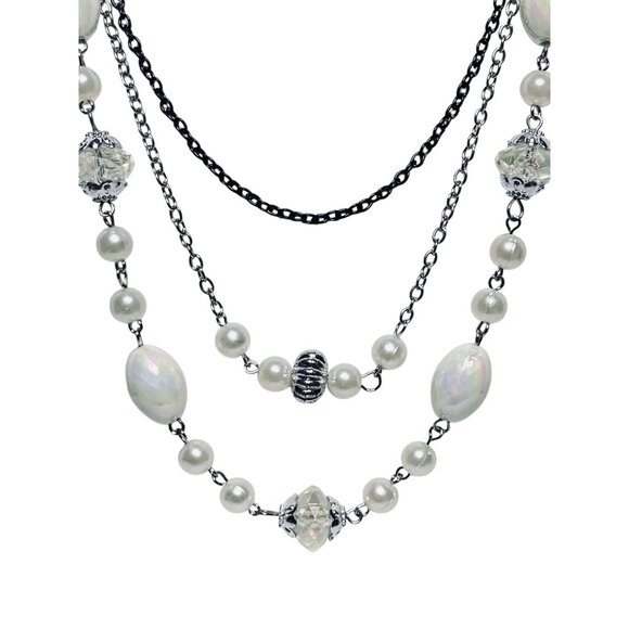 Silver Tone Bib Necklace With Clear Crystals & White Iridescent Beads (5887) - Picture 3 of 6